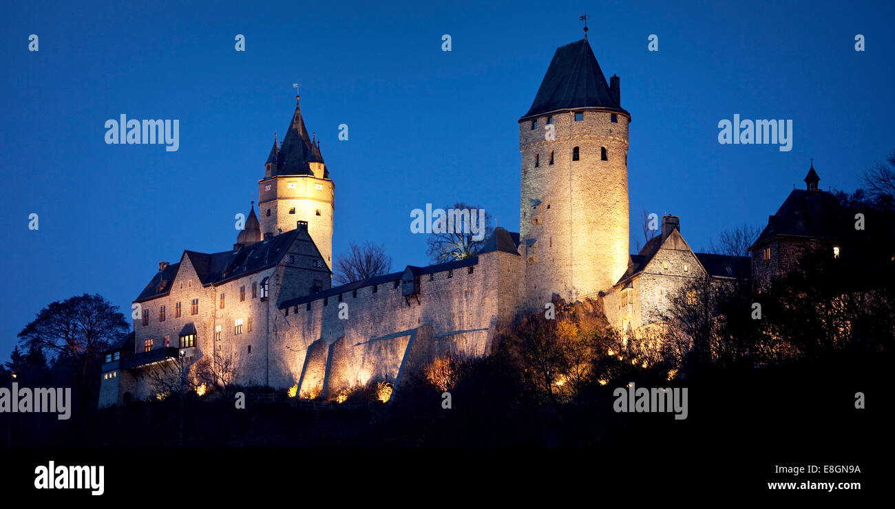 The illuminated Burg Altena Castle, Altena, Sauerland region, North Rhine-Westphalia, Germany Stock Photo