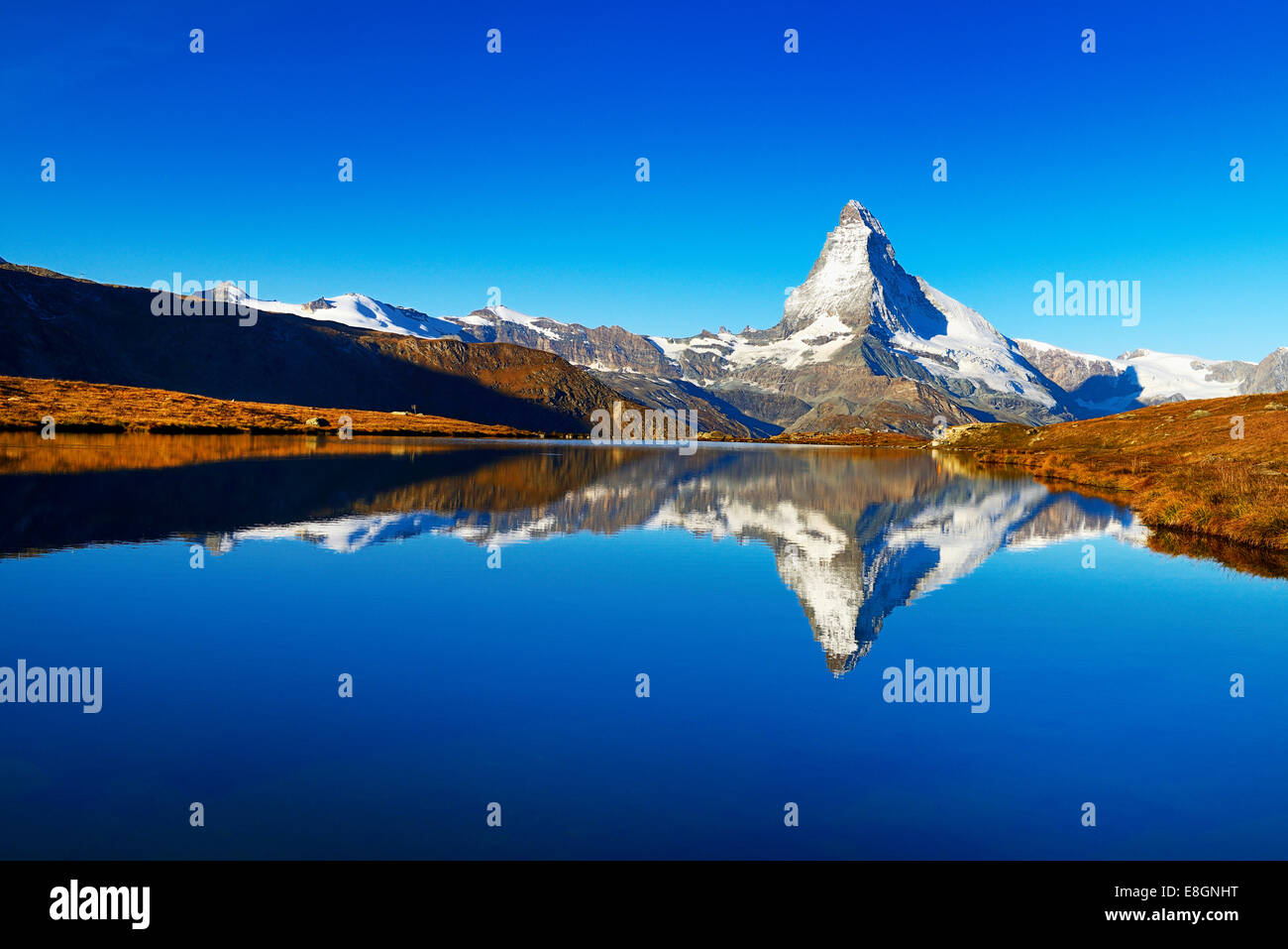 Matterhorn reflected in lake Stellisee, Valais Alps, Canton of Valais, Zermatt, Switzerland Stock Photo