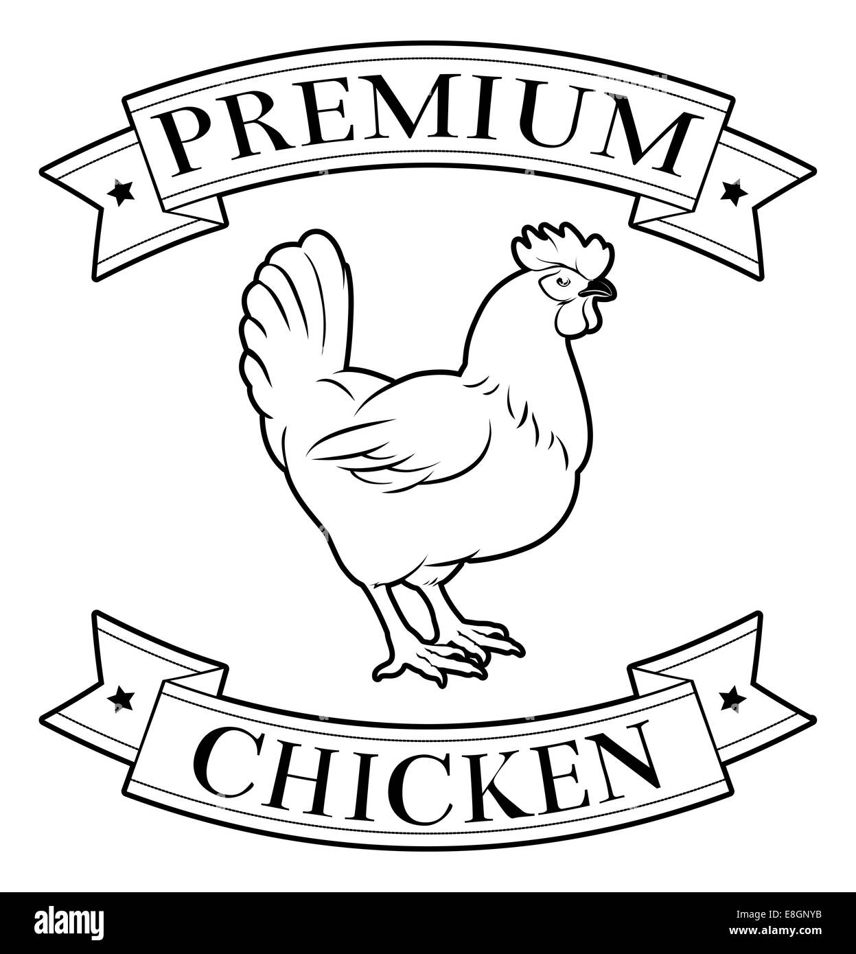Premium chicken food label featuring an illustration of a chicken Stock Photo