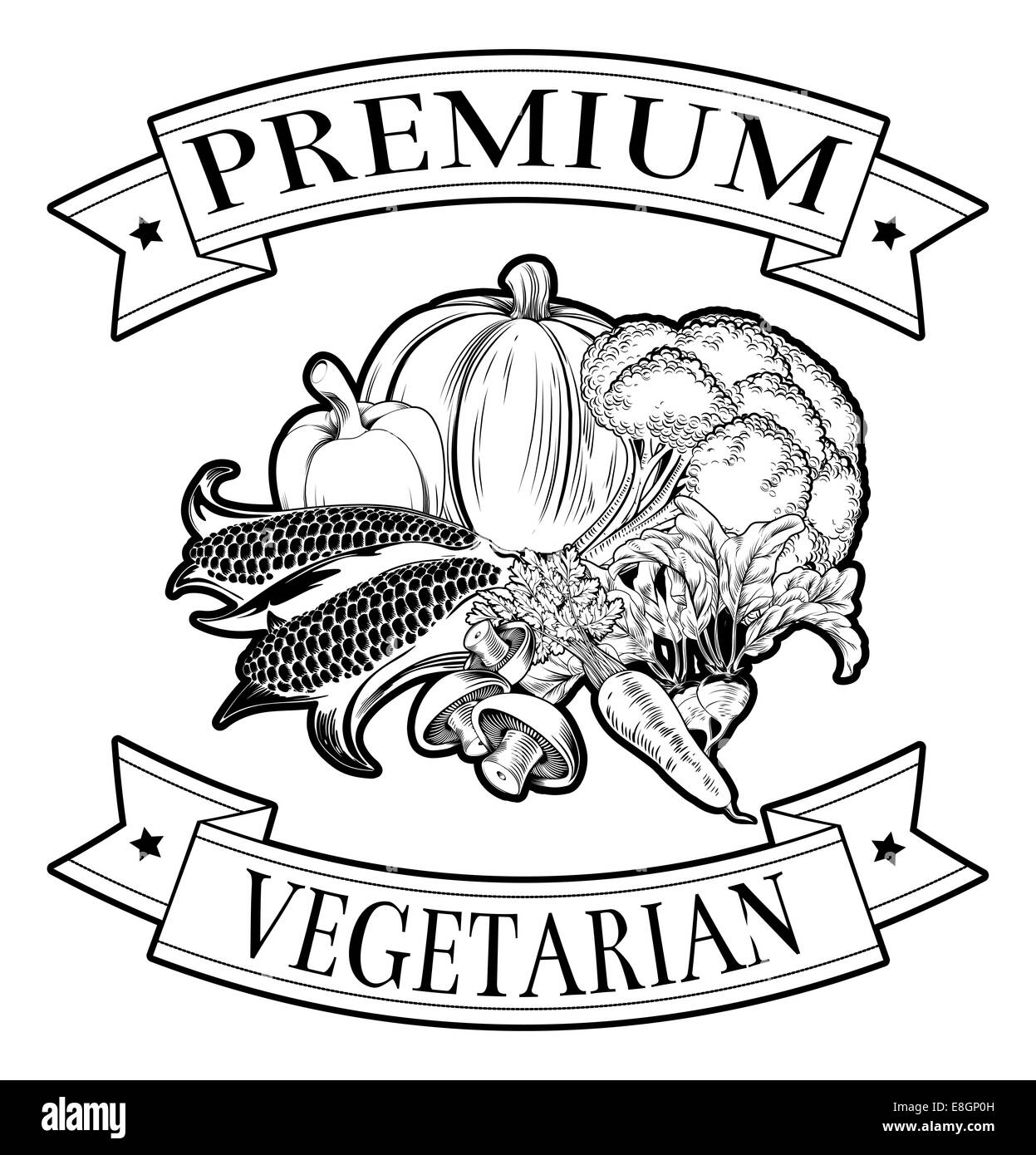 Premium vegetarian menu icon of vegetables and banners in a stamp style Stock Photo