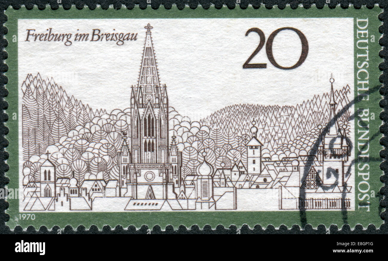 GERMANY - CIRCA 1970: Postage stamp printed in Germany, shows a Freiburg im Breisgau, circa 1970 Stock Photo