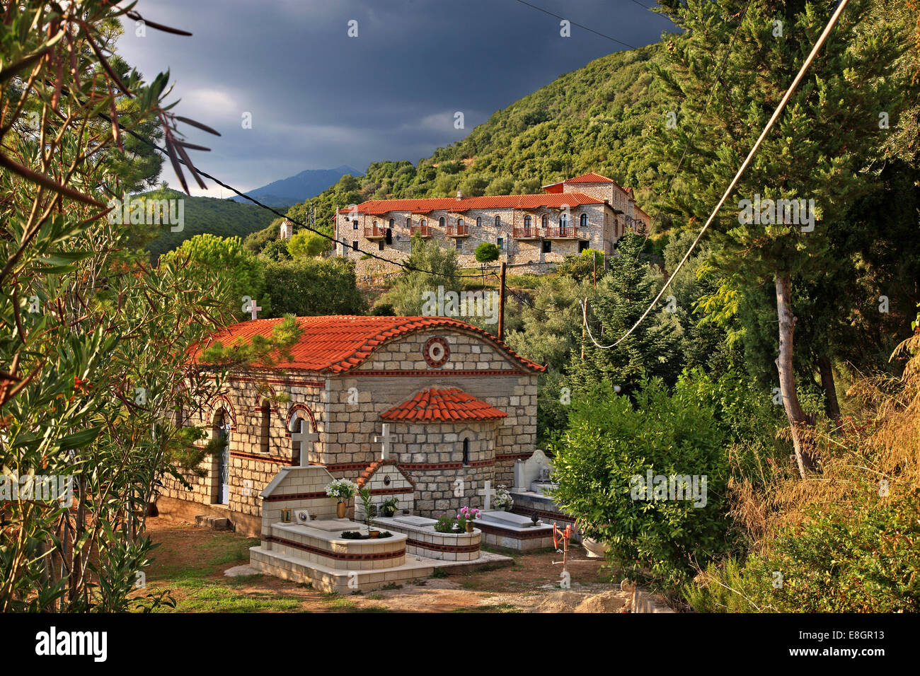 The monastery of Myrtia, close to Ano Myrtia village, Municipality of Thermo, Aitoloakarnania, Greece. Stock Photo