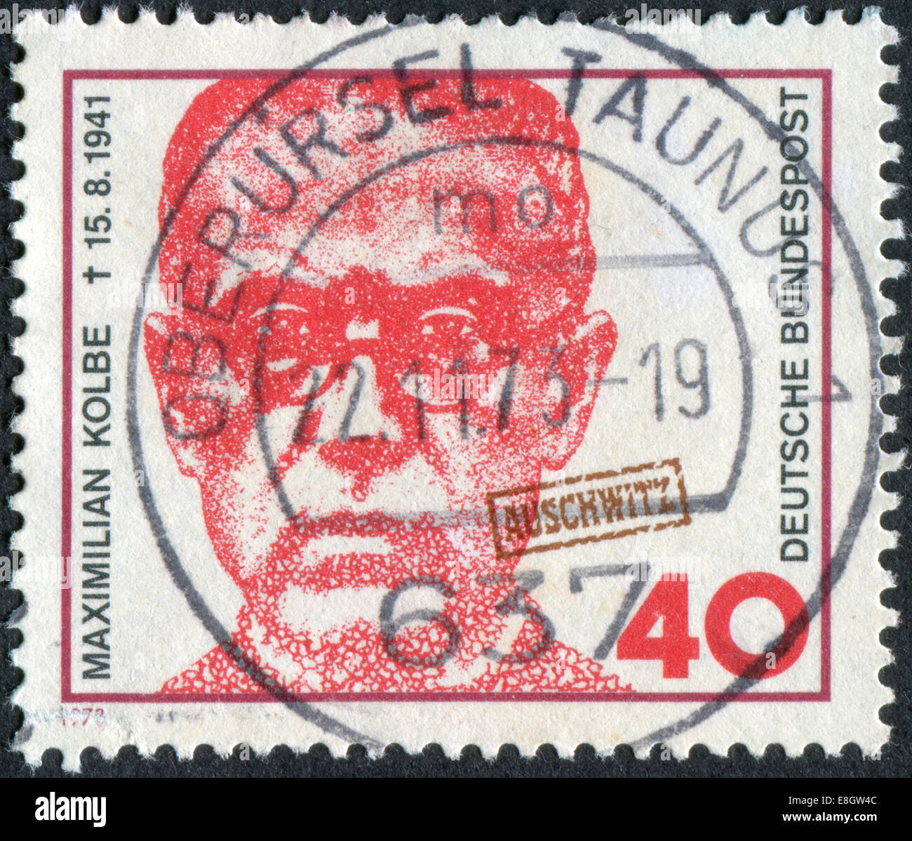 Postage stamp printed in Germany, shows the Maximilian Kolbe, Polish priest who died in Auschwitz and was beatified in 1971 Stock Photo