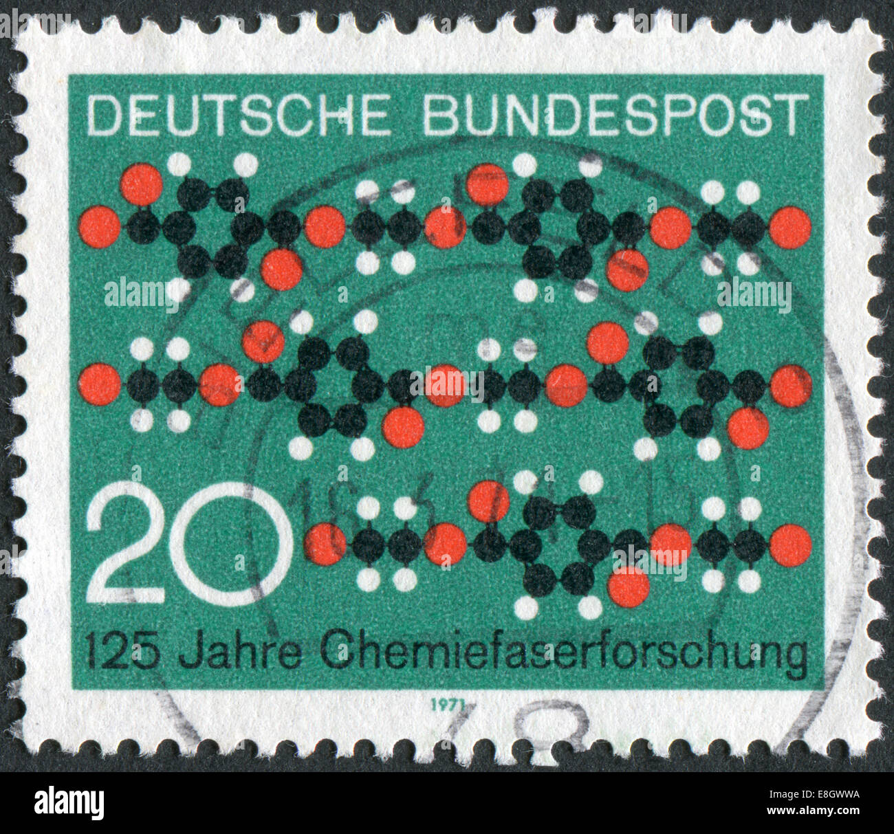 Stamp printed in Germany, 125th anniversary of Synthetic textile fiber research, shows a cloth pattern formed of chain molecules Stock Photo