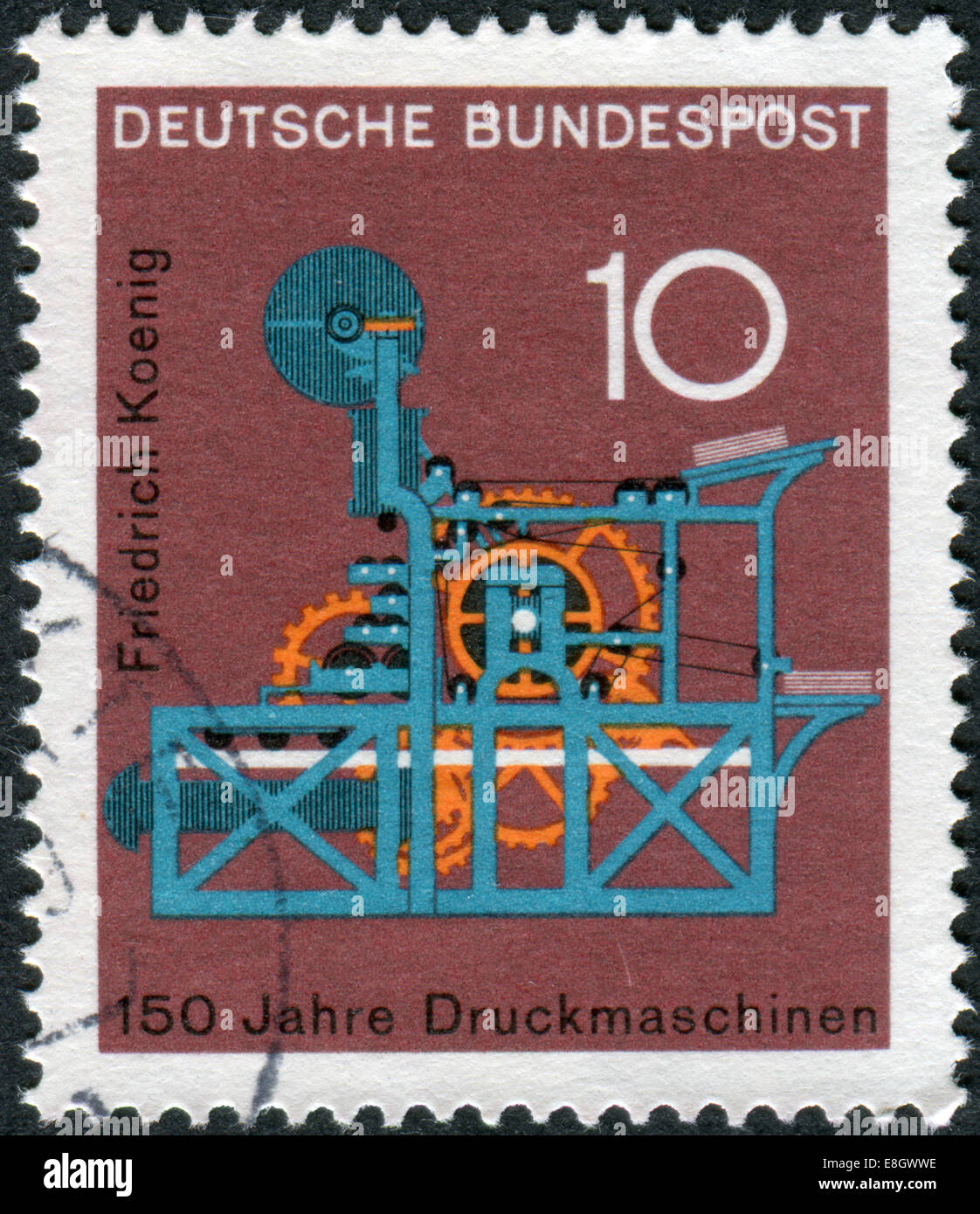 Postage stamp printed in Germany, dedicated to the 150th anniversary of the Koenig printing press Stock Photo