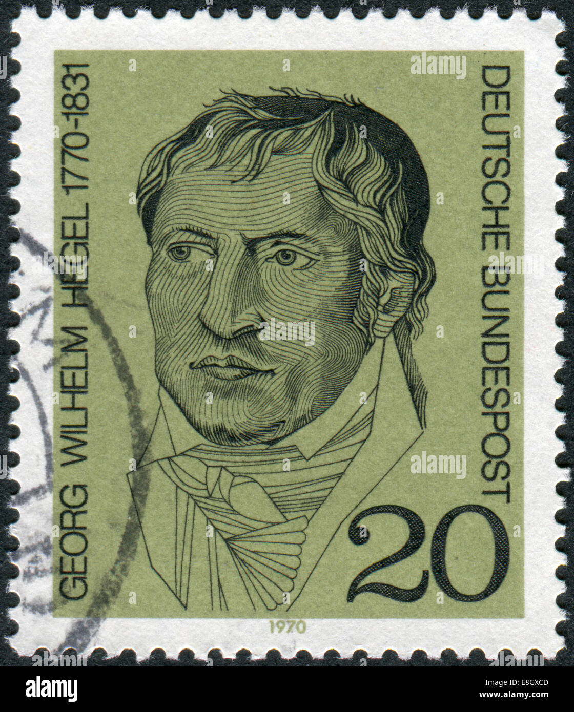 Stamp printed in Germany, shows a German philosopher, and a major figure in German Idealism, Georg Wilhelm Friedrich Hegel Stock Photo