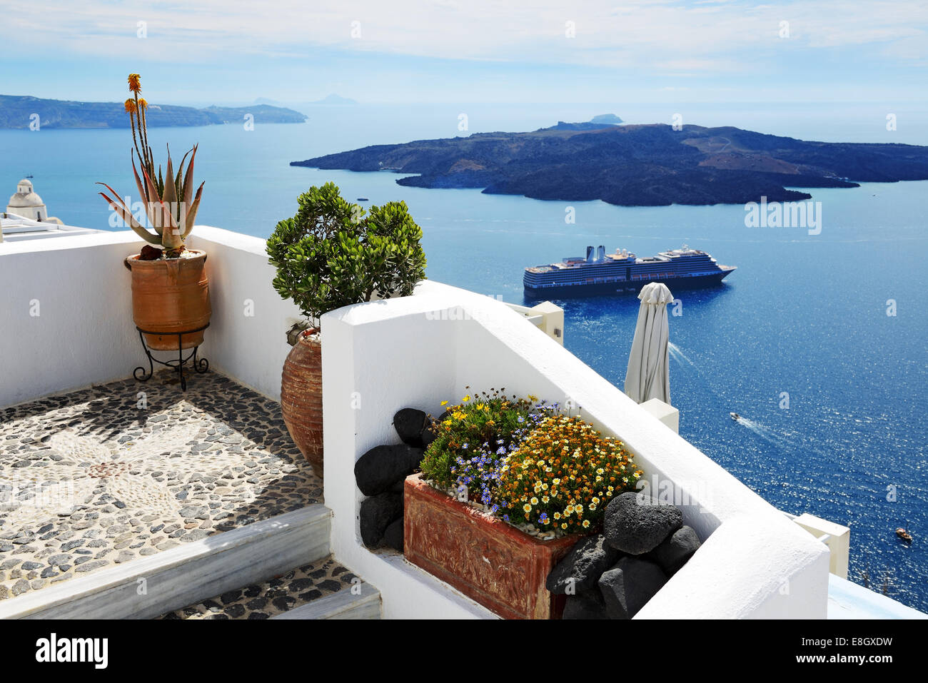 The house decoration and sea view, Santorini island, Greece Stock Photo