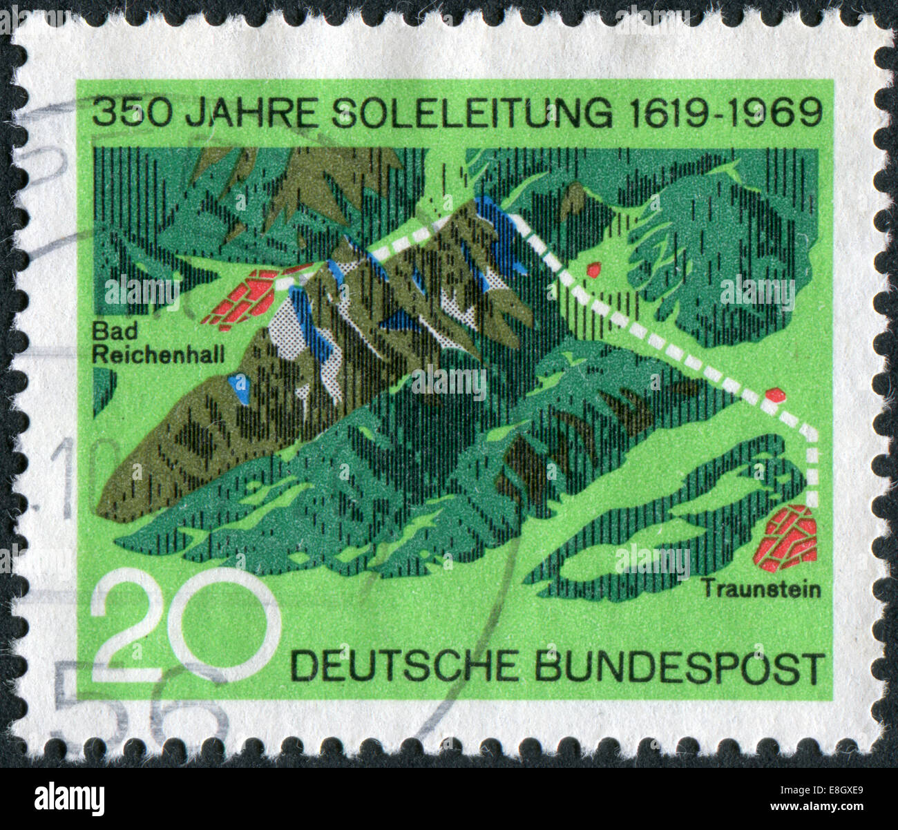 Postage stamp printed in Germany, dedicated to the 350th anniversary of the Brine Pipe Line from Traunstein to Bad Reichenhall Stock Photo