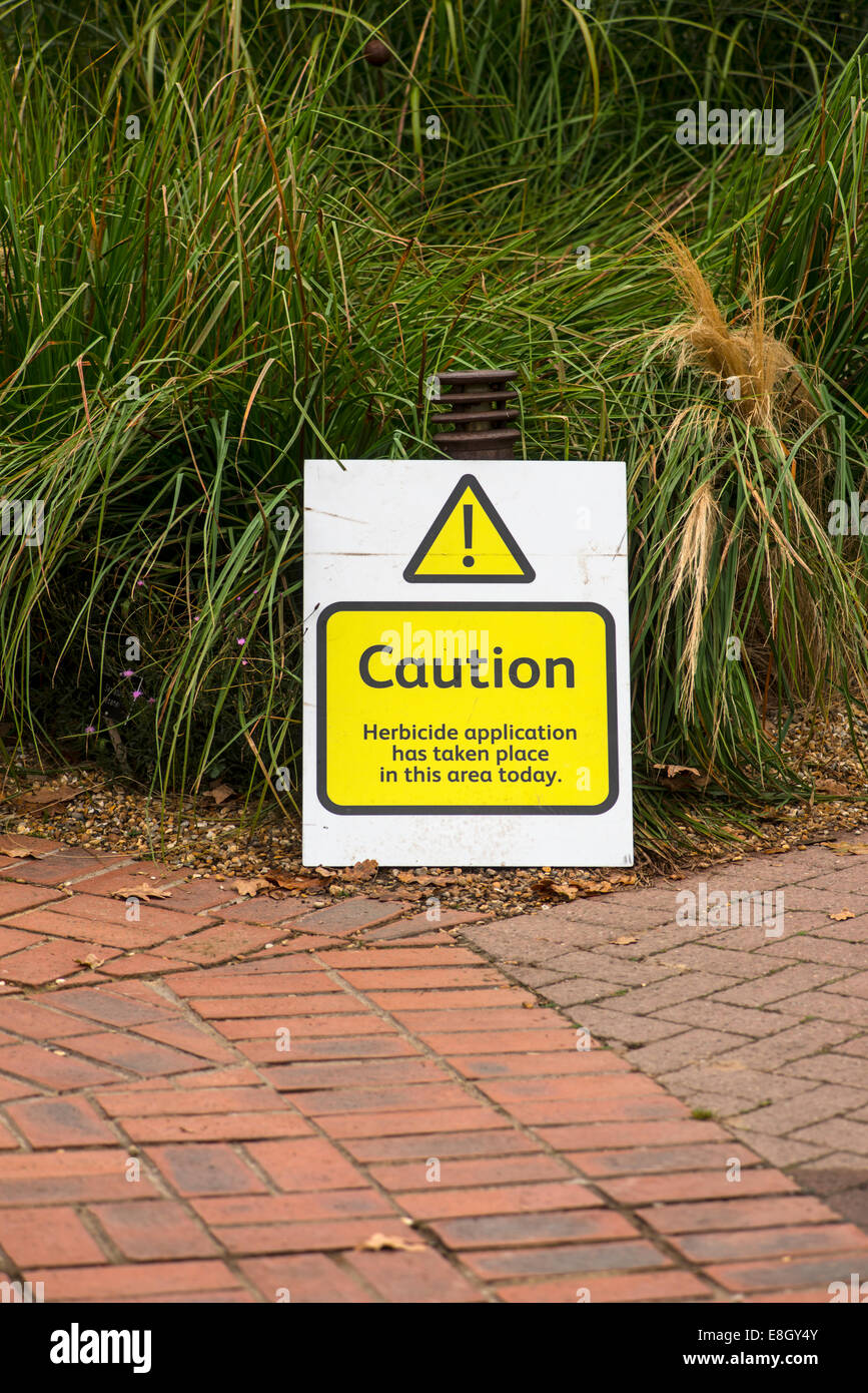 Herbicide sign. Botanic garden, Surrey, England Stock Photo