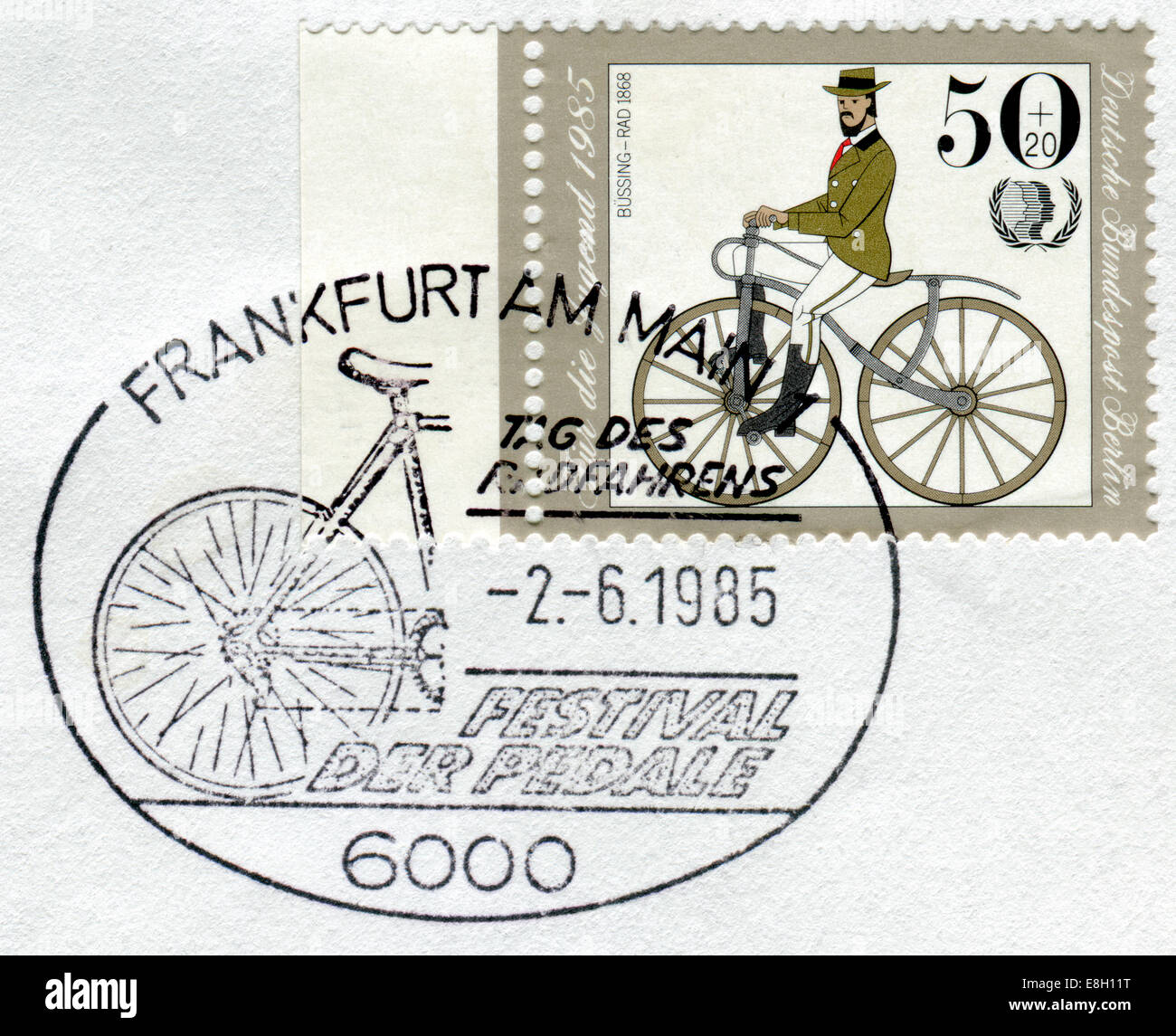 Postage stamp printed in Germany (West Berlin), depicted Antique Bicycles: Bussing bicycle, 1868 Stock Photo