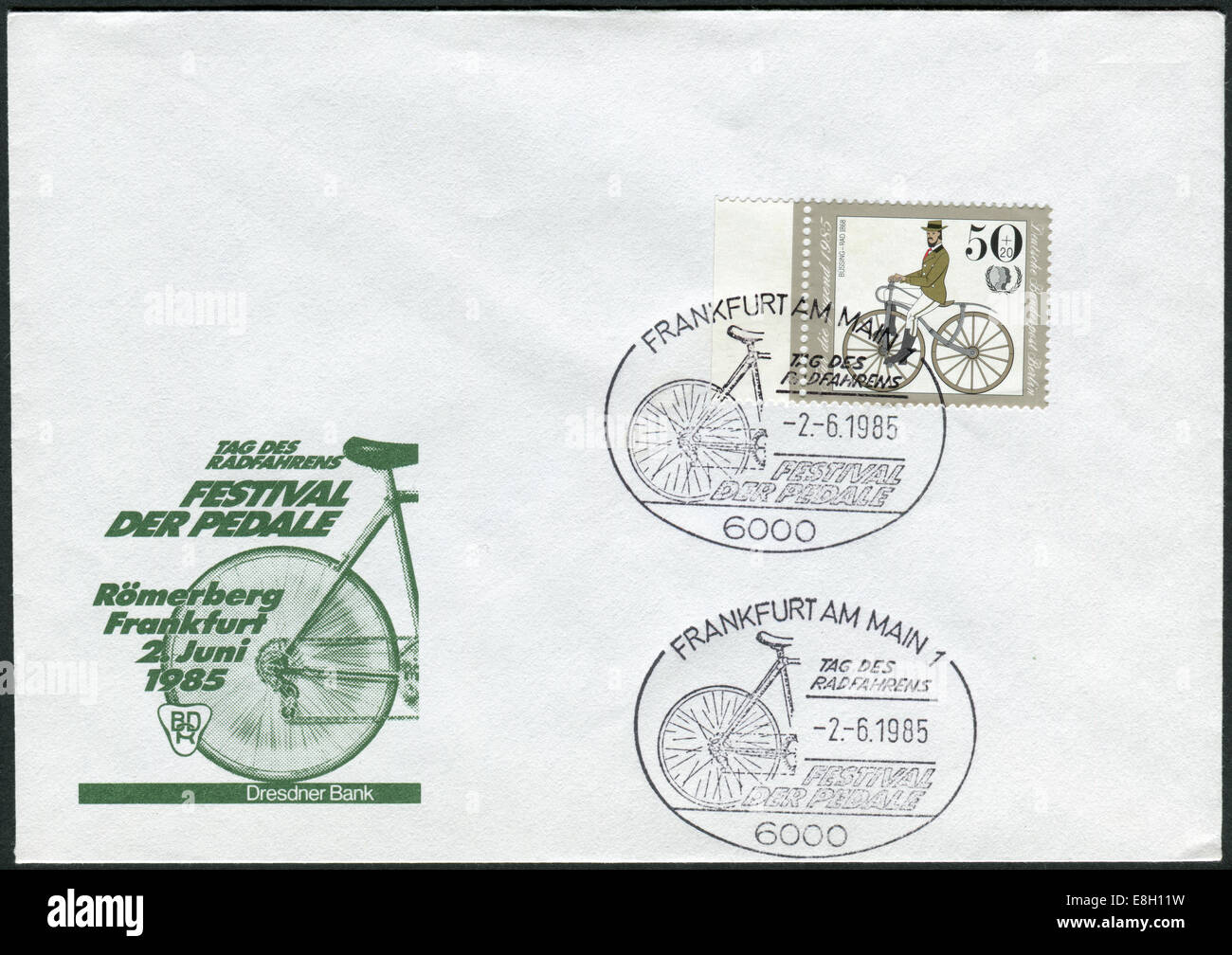 Envelope and postage stamp with the stamp of the first day printed in Germany, depicted Antique Bicycles: Bussing bicycle, 1868 Stock Photo