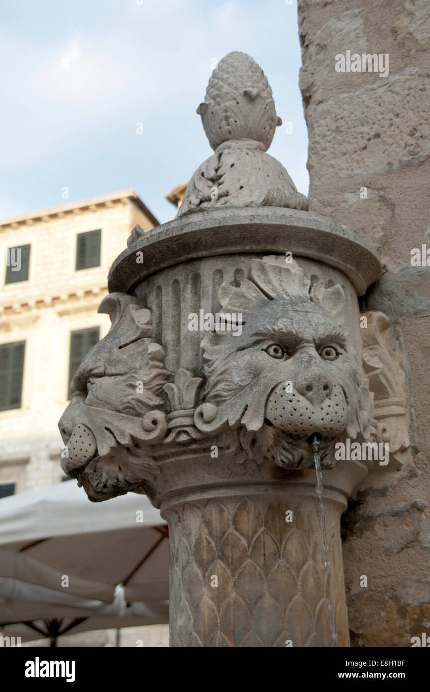 Lion fountain in the main square of Dubrovnik, Croatia Stock Photo