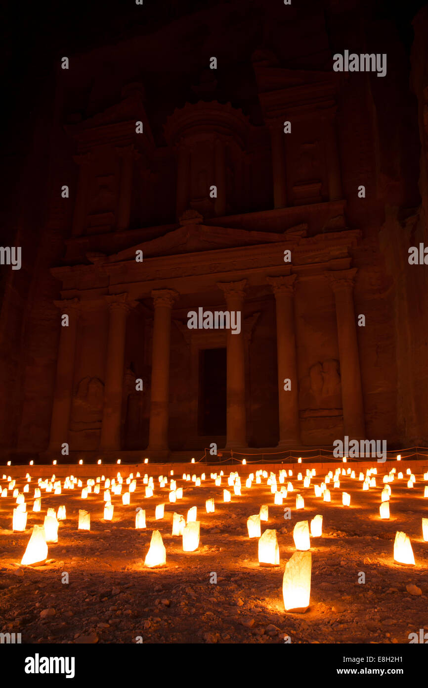 Jordan, Petra, Candles in front of Al Khazneh, the Tresury, at night Stock Photo