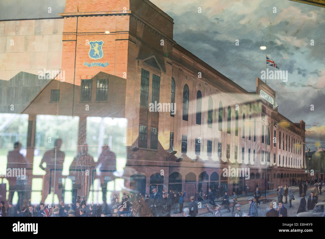 reflection in a painting of Rangers Football Club's Ibrox Stadium, in
