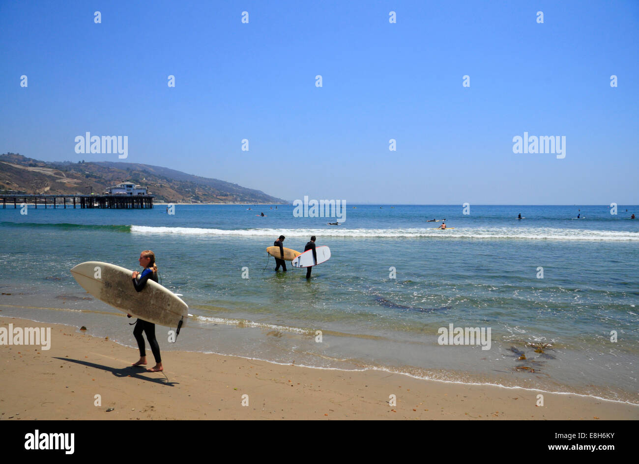 Surfer at Malibu beach near Los Angeles, California, USA Stock Photo