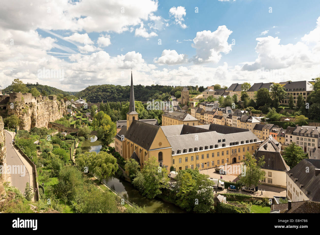 Luxembourg, Luxembourg City, View to the Benediktiner abbey Neumuenster and St. Johannes church, casemates left Stock Photo