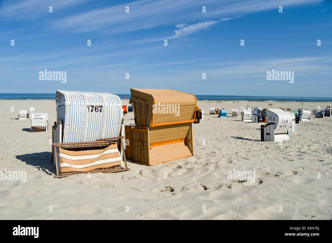 Germany, Lower Saxony, East Frisian Islands, Juist, hooded beach chairs on the beach Stock Photo