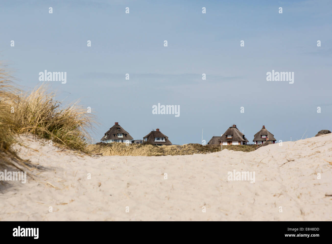 Germany, Schleswig-Holstein, Sylt, Hoernum, Odde, thatched-roof houses at dune Stock Photo