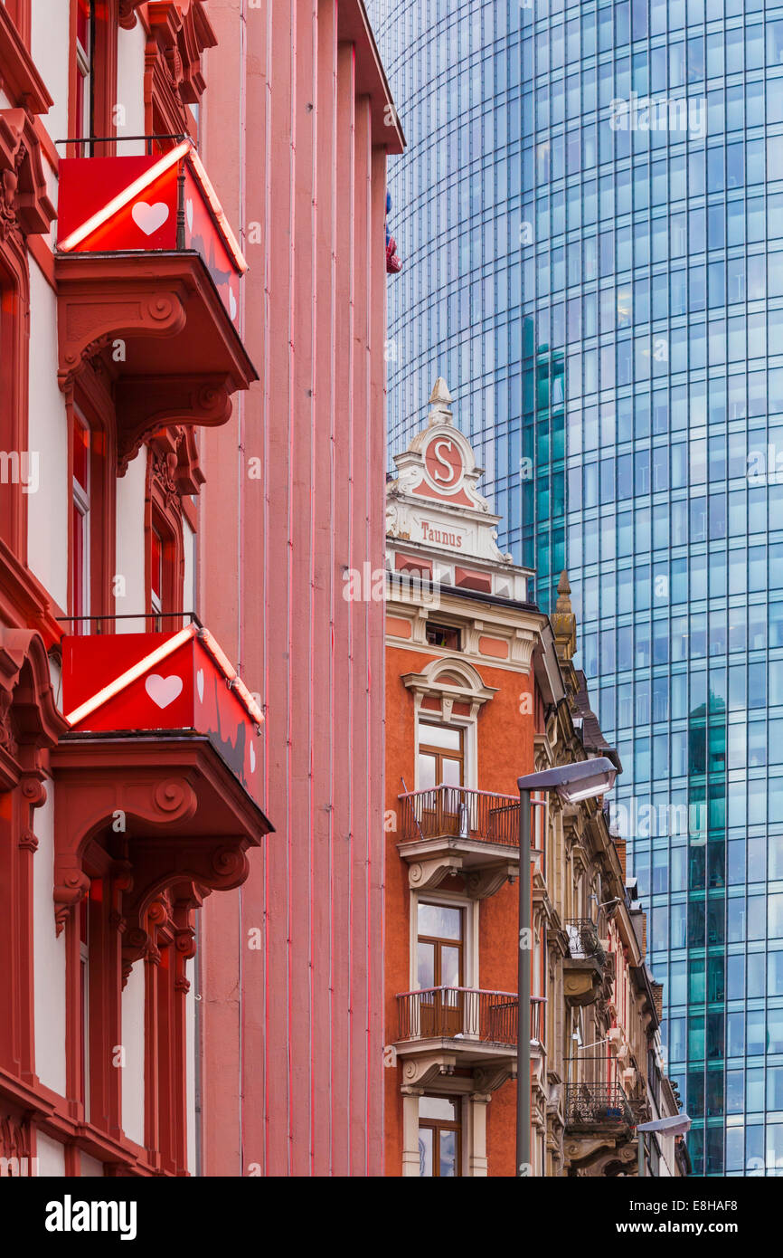 Germany, Hesse, Frankfurt, view to old buildings at red light district in front of modern office building Stock Photo