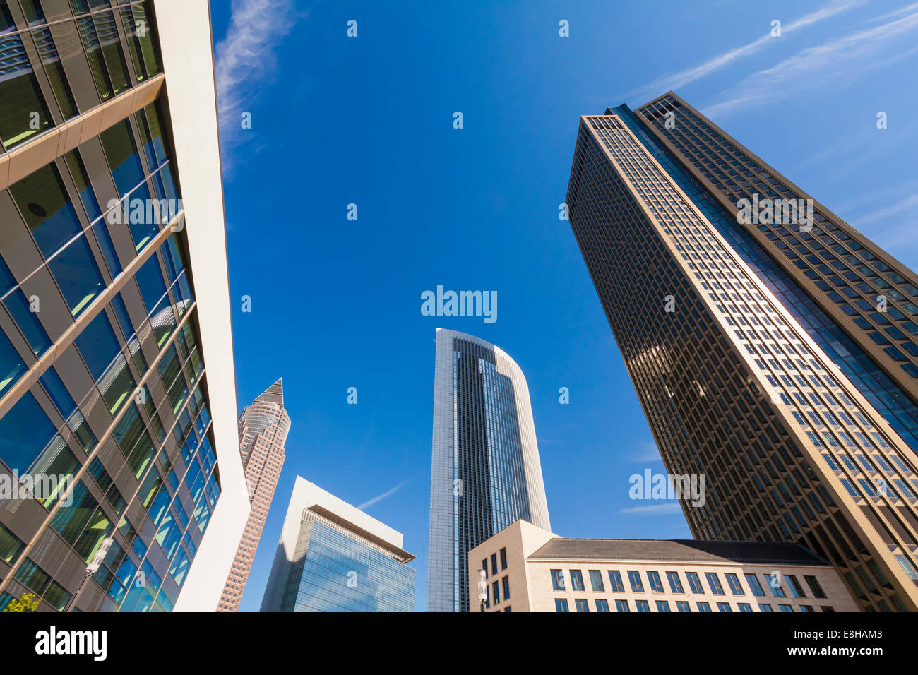 Germany, Hesse, Frankfurt, view to facades of modern office buildings at European Quarter from below Stock Photo