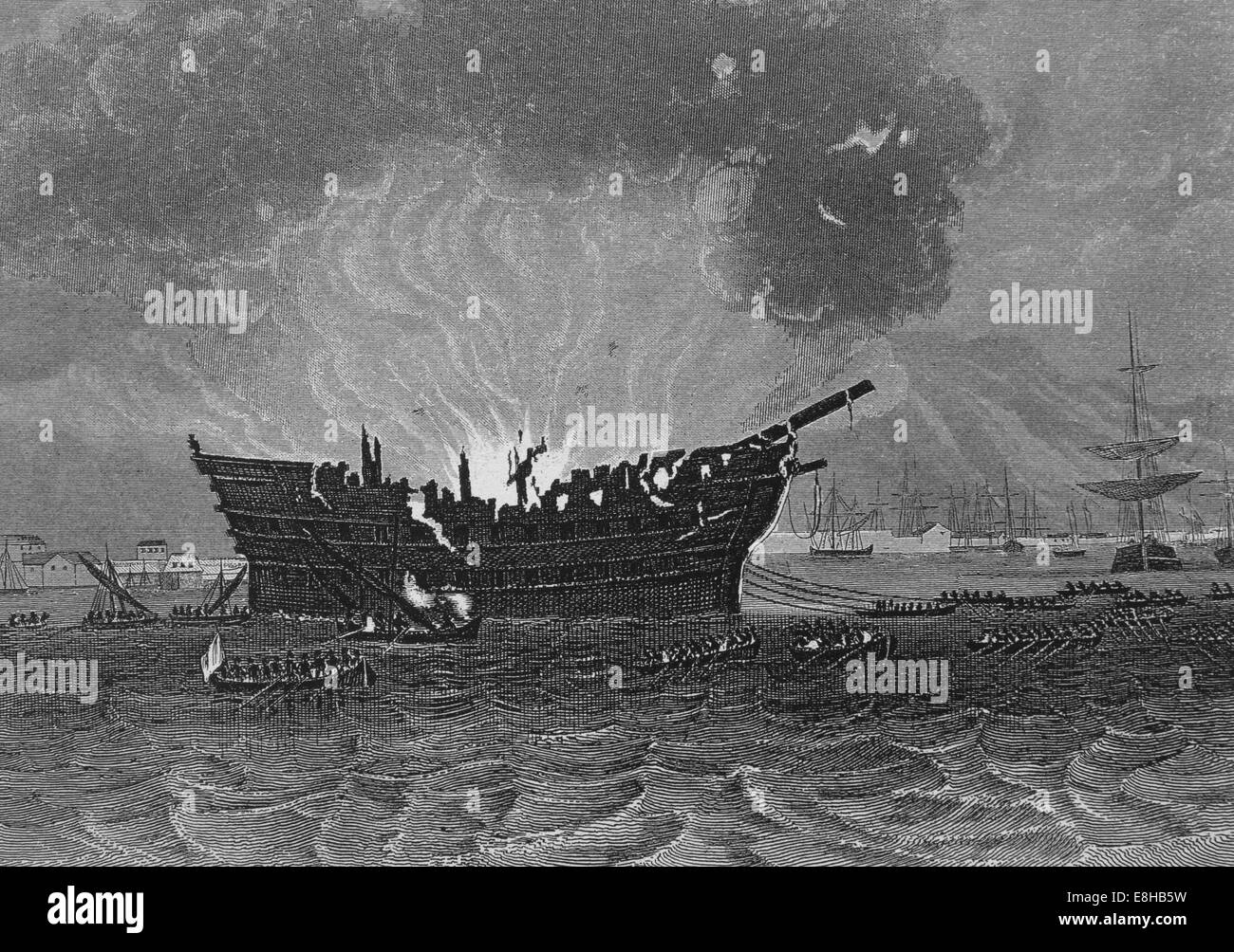 Ship on fire. Iconographic Enclyclopaedia of science, Literature and Art. 19th century. Stock Photo