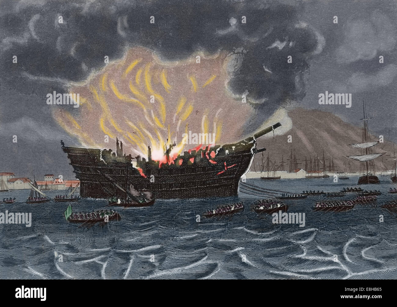 Ship on fire. Iconographic Enclyclopaedia of science, Literature and Art. 19th century. Later colouration. Stock Photo