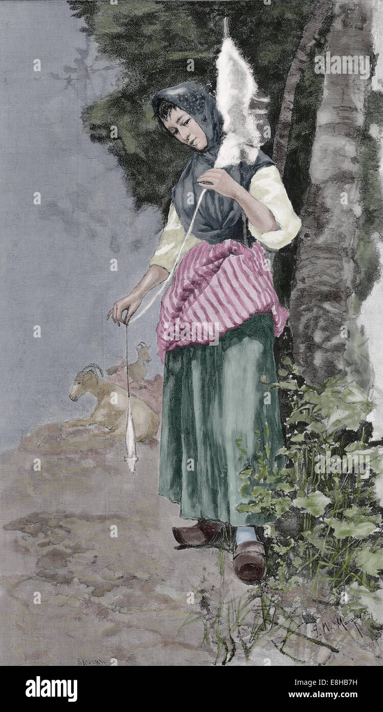 Spinner with spindle and distaff. Drawing by J. Marques. Engraving by Celesti Sadurni (1830-1896). Stock Photo