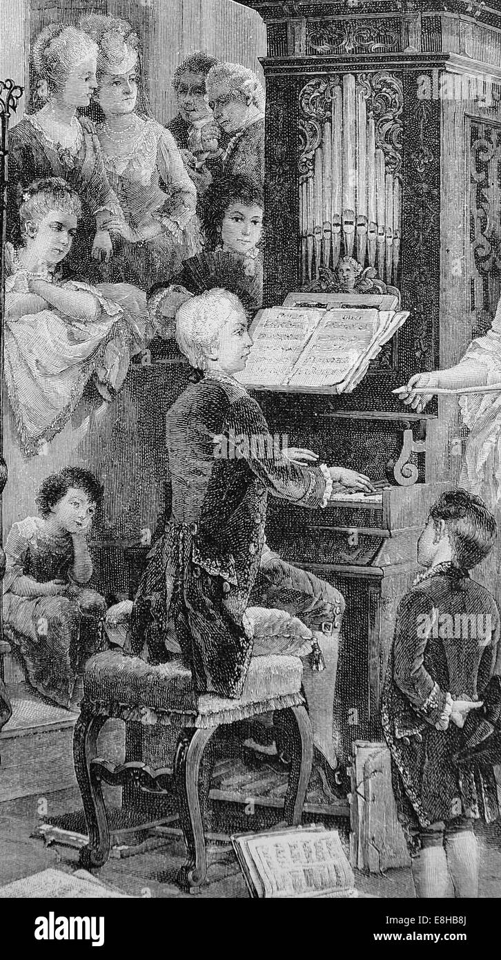 Wolfgang Amadeus Mozart (1756-1791). Composer of the Classical era. Mozat boy playing celesta. Engraving, 1885. Stock Photo