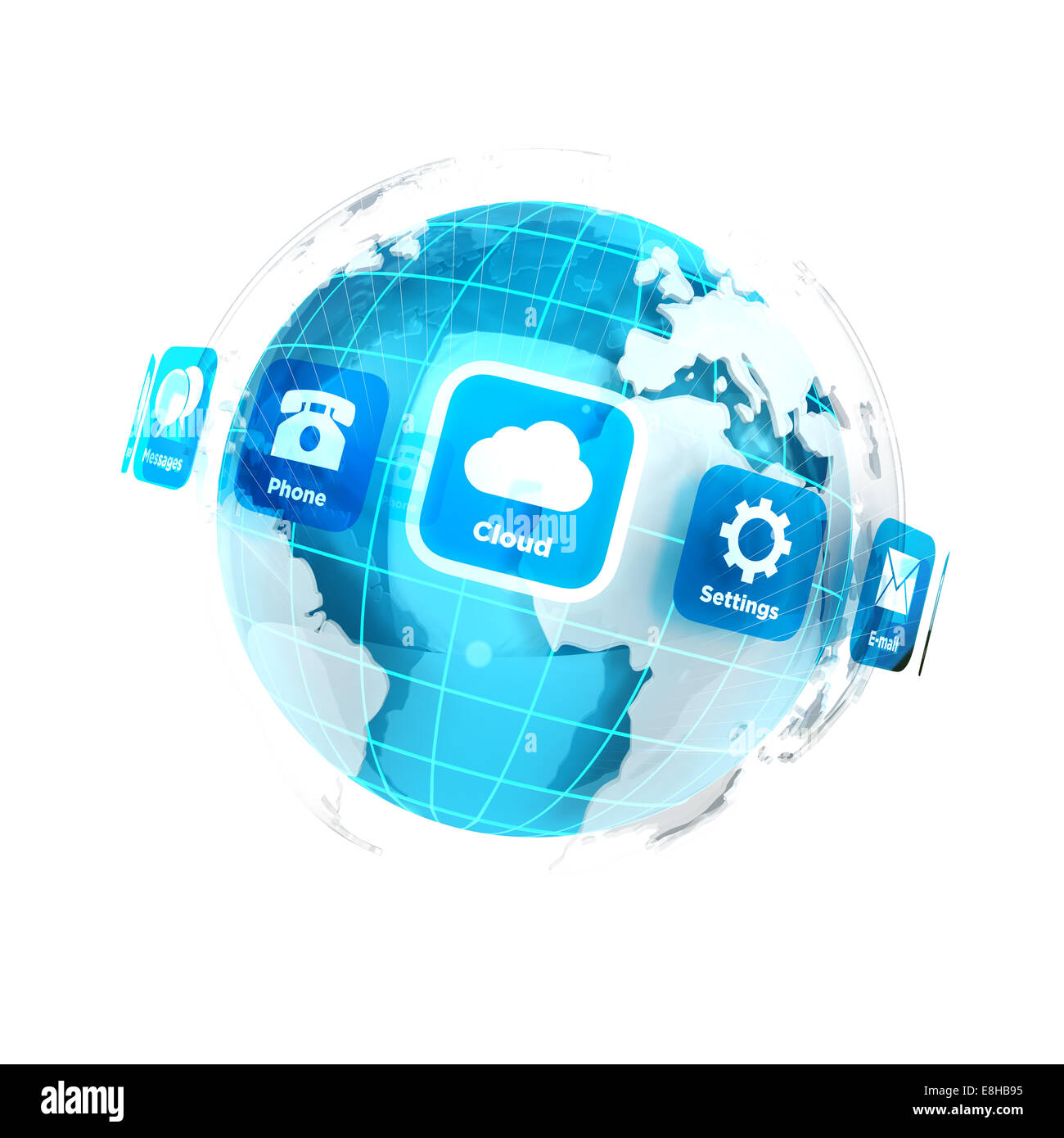 3d earth with applications icons, isolated white background, 3d image Stock Photo