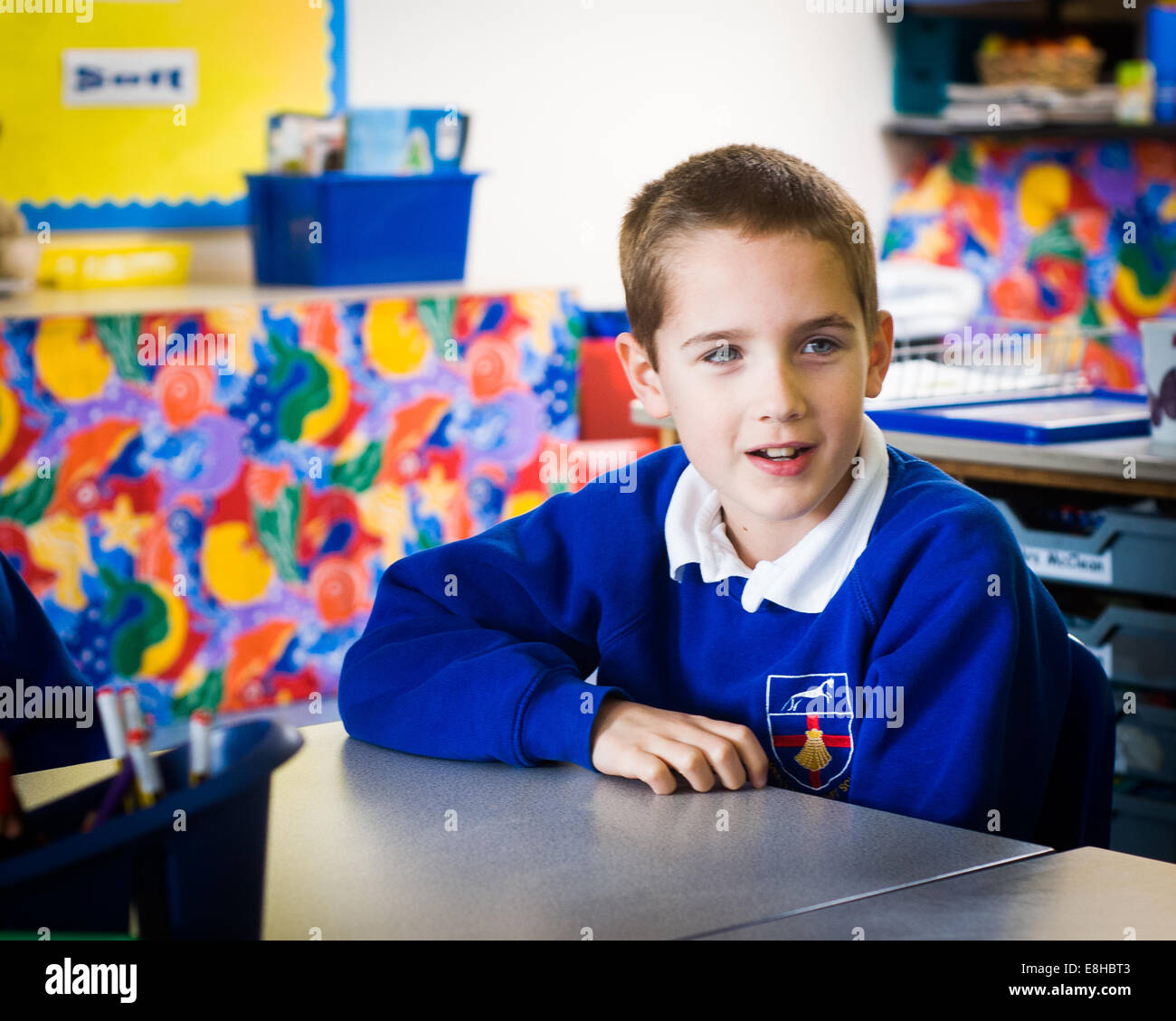 Boy aged 8 9 10 in Primary school classroom in Oxfordshire,UK Stock Photo