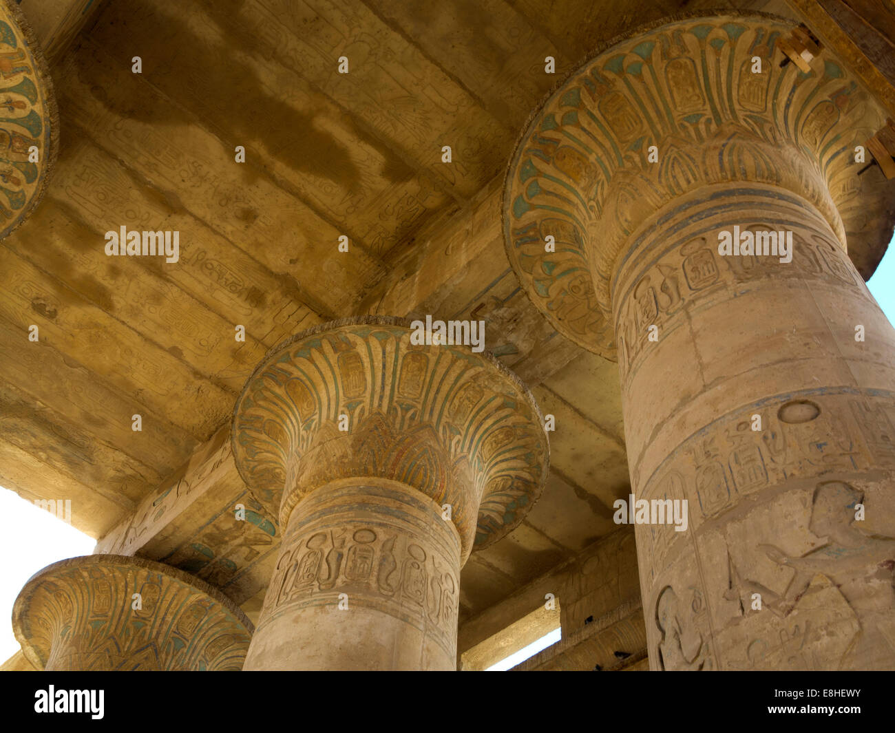 Egypt, Luxor, Ramesseum, original painted coloured decoration on lotus shaped column capital Stock Photo