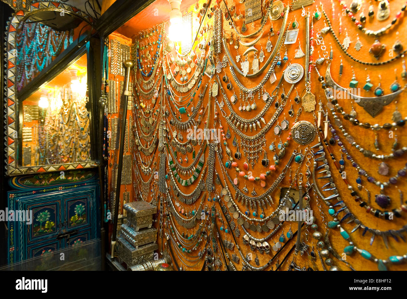 Horizontal close up of a shop selling Arabic style jewelry in the souks