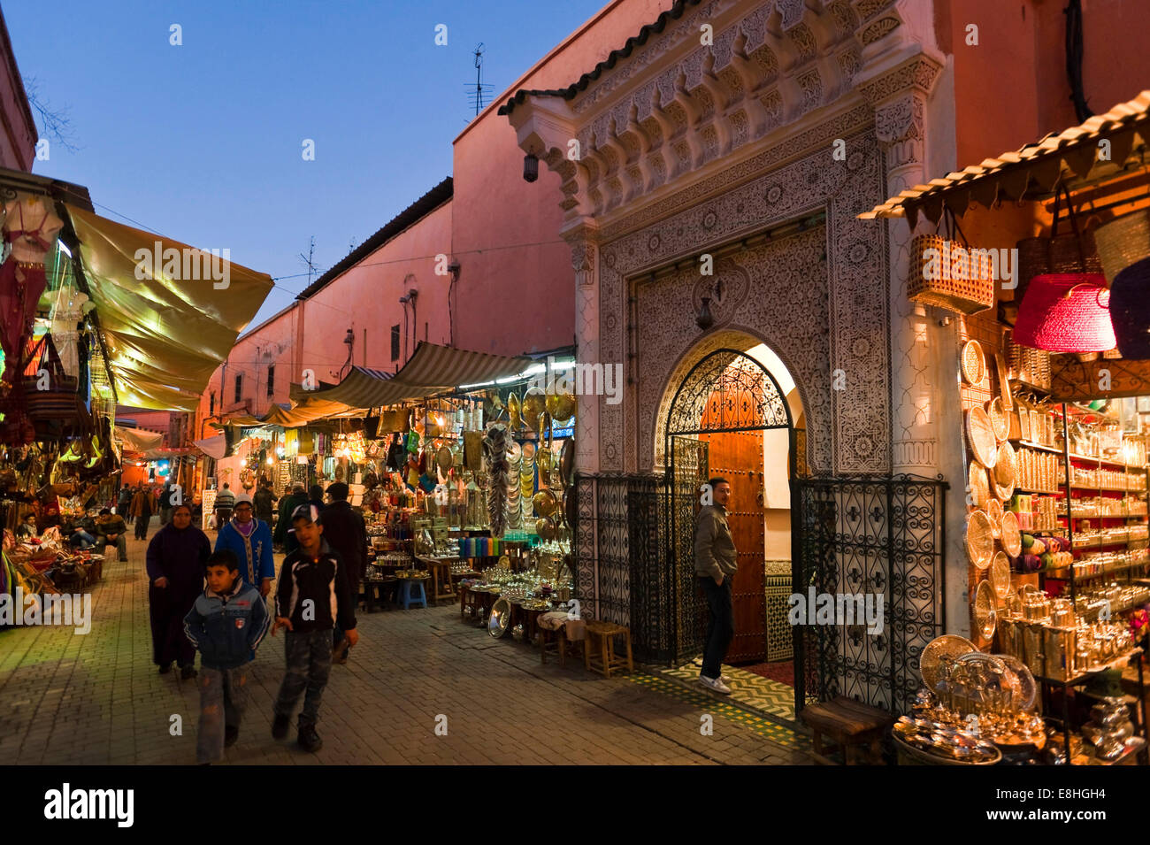 Horizontal view of people walking through the souks of Marrakech. Stock Photo