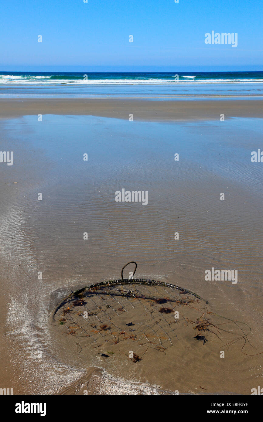 Crab trap buried in the sand on long beach Stock Photo