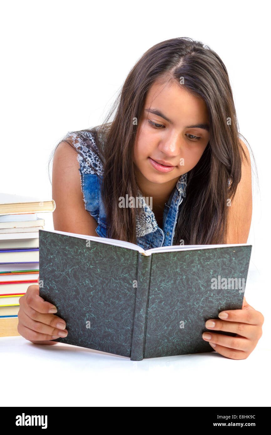 Beautiful college girl reading book hires stock photography and images