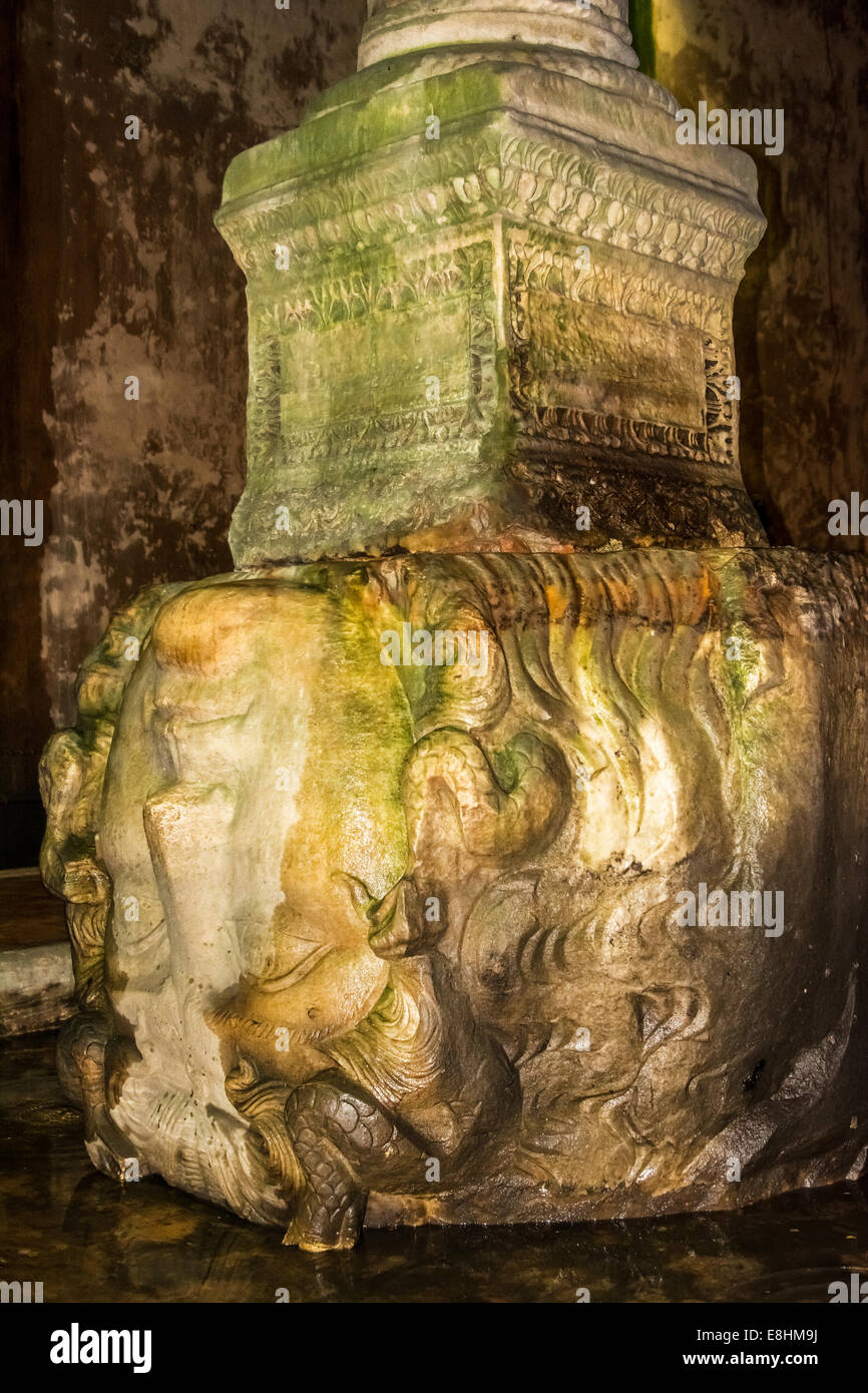 Medusa head at the complex of columns and water underground, basilica cistern, Istanbul, Turkey Stock Photo