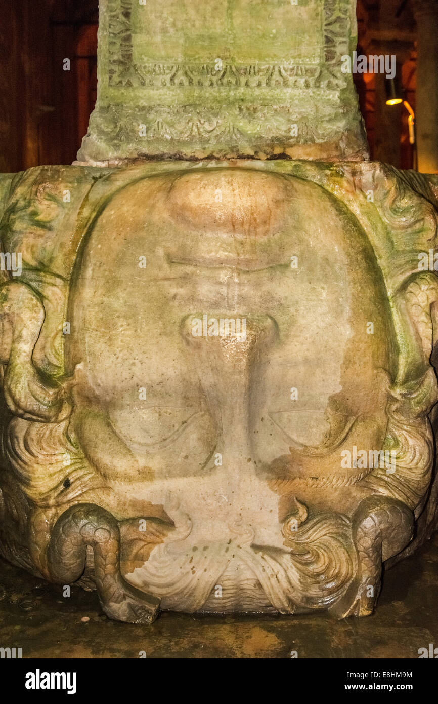 Medusa head at the complex of columns and water underground, basilica cistern, Istanbul, Turkey Stock Photo
