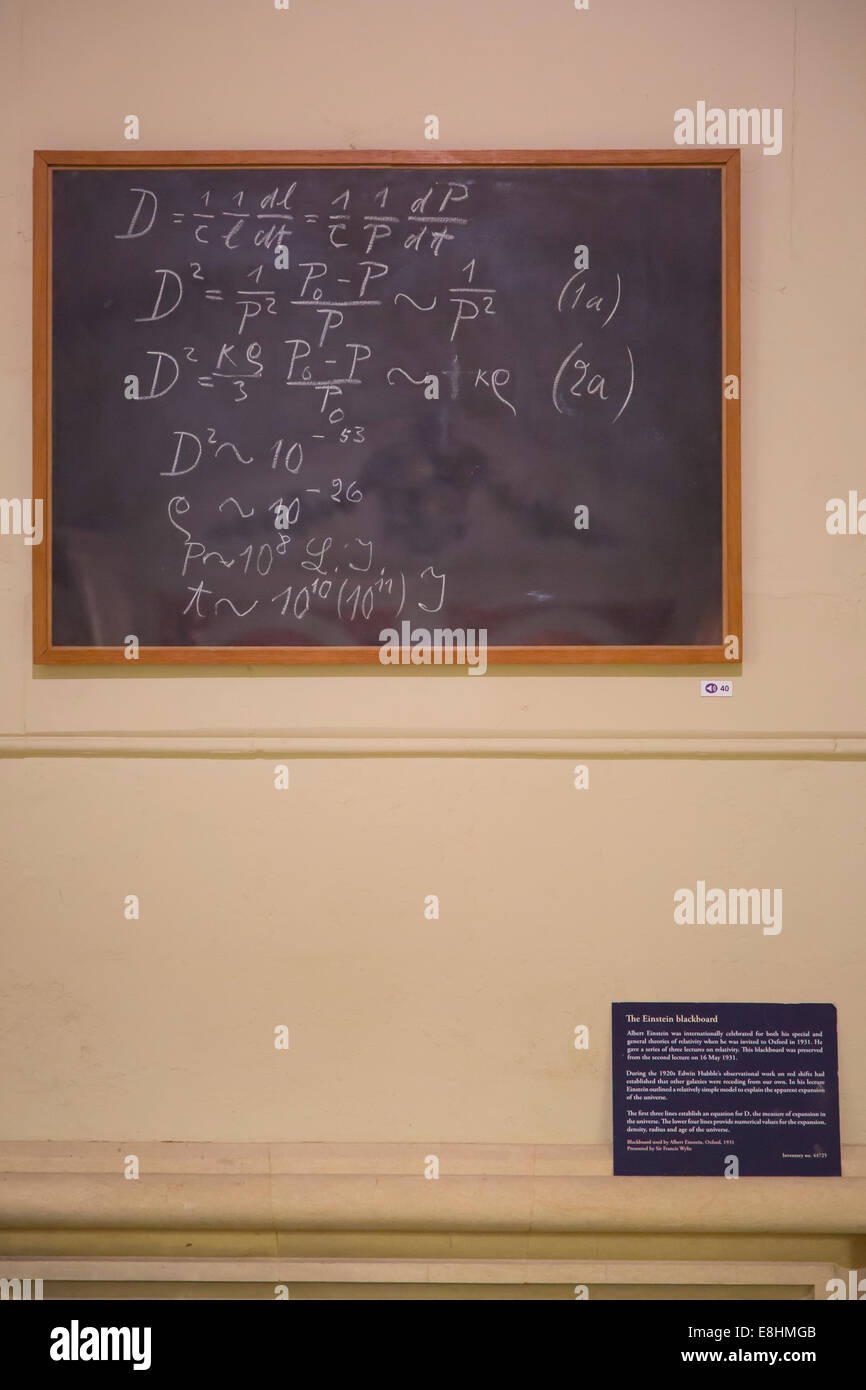 Blackboard preserved after a lecture by Albert Einstein at Oxford University, 1931, Science Museum, Oxford, England Stock Photo