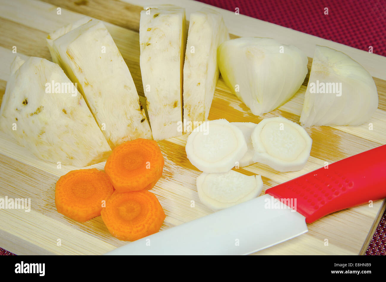 Fresh chopped vegetables on a cutting board. Stock Photo