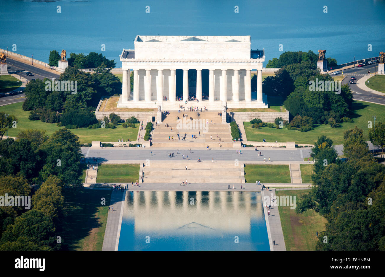 WASHINGTON DC, USA - An elevated view of the Lincoln Memorial and part of the Reflecting Pool, seen from the top of the Washington Monument. The Washington Monument stands at over 555 feet (169 metres) at the center of the National Mall in Washington DC. It was completed in 1884 and underwent extensive renovations in 2012-13 after an earthquake damaged some of the structure. Stock Photo