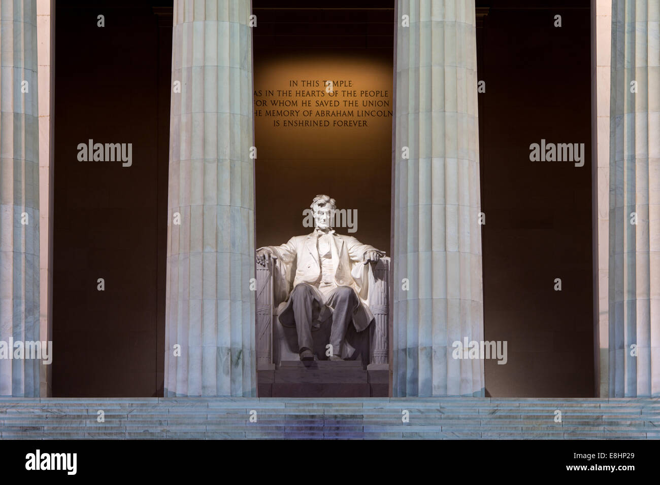 WASHINGTON DC, USA - The Lincoln Memorial, at the western end of the National Mall in Washington DC, under lights at night. Stock Photo