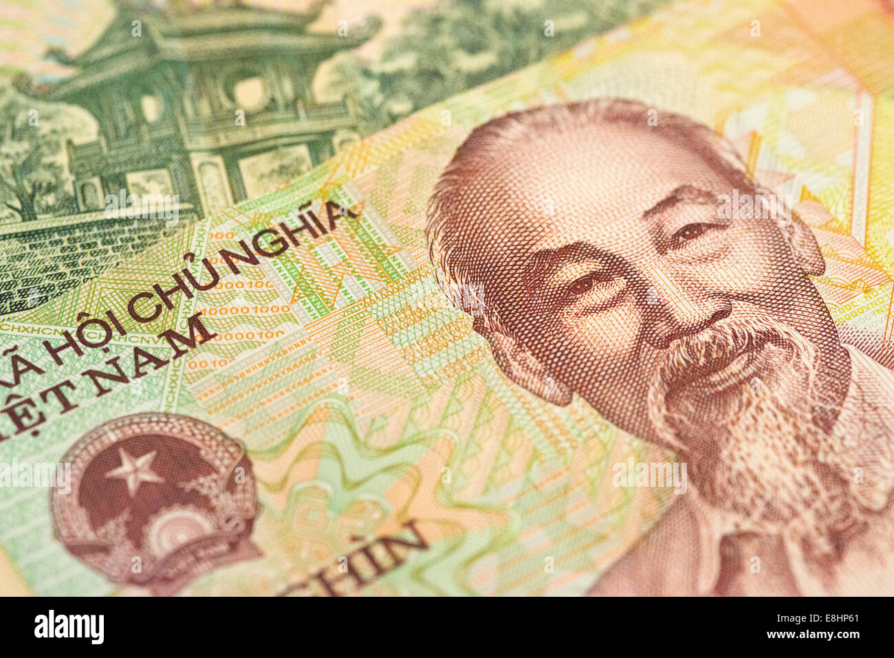 Close-up shots of Vietnamese paper currency, known as dong. Stock Photo