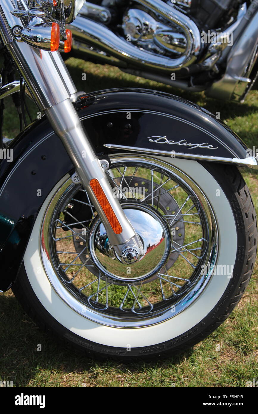 Wheel of a Harley Davidson Deluxe motorcycle Stock Photo