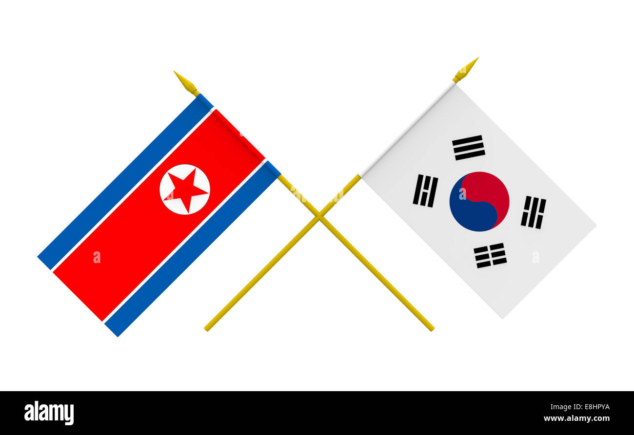 Flags of North Korea and South Korea, 3d render, isolated Stock Photo