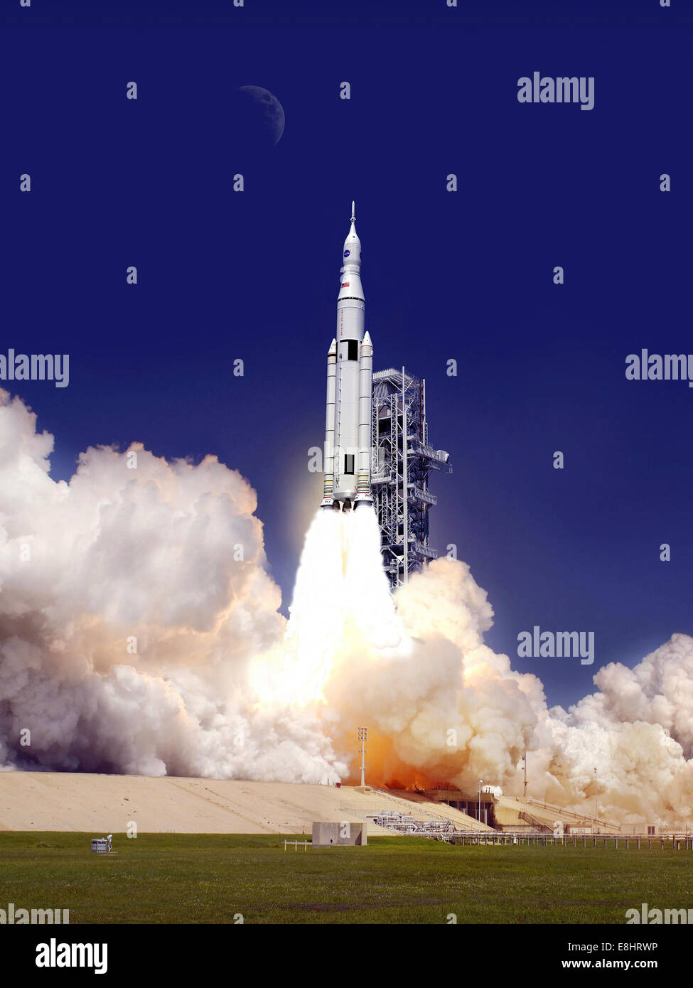 This artist concept shows the 70-ton configuration of NASA's Space Launch System (SLS) during launch. (Note: artist concept upda Stock Photo