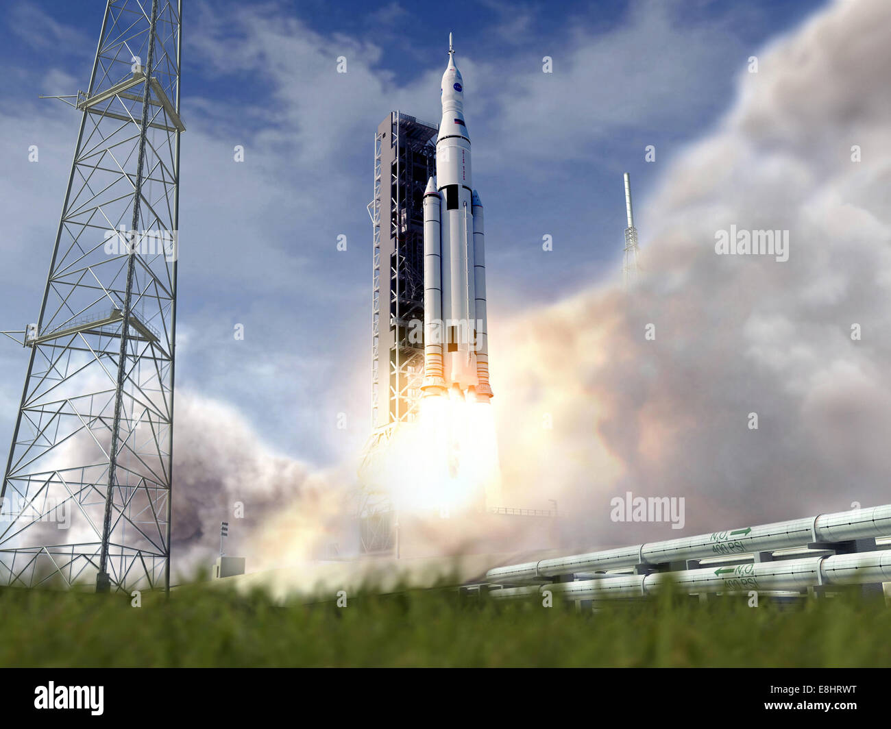 Artist's concept of NASA's Space Launch System initial crew vehicle launching from the Kennedy Space Center. (Note: artist conce Stock Photo
