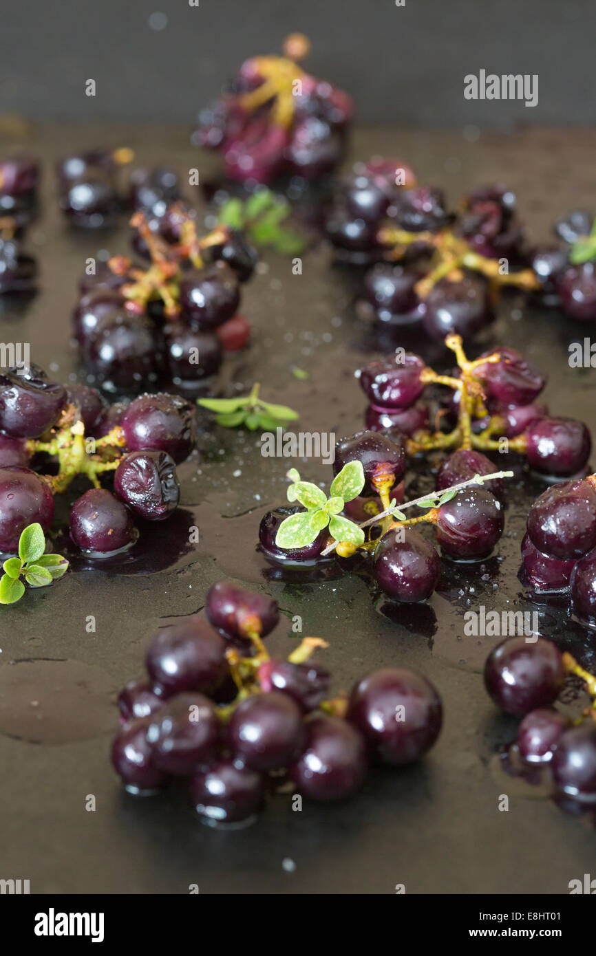 small bunches of black grapes on dark metal tin oven roasted with thyme herbs and balsamic vinegar seasoning Stock Photo