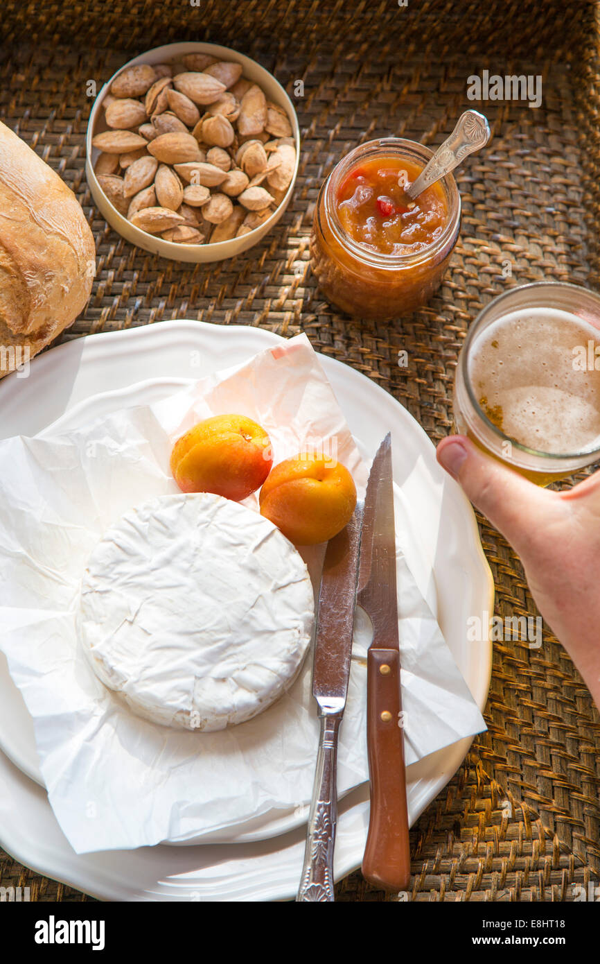 camembert cheese with apricots, apricot chutney, almonds, hand holding beer, set on woven tray Stock Photo