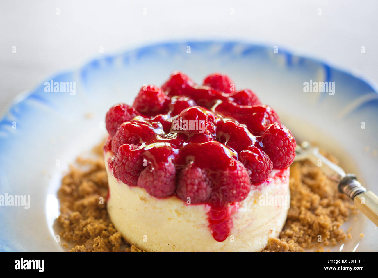 raspberry topped cheesecake on blue motif plate Stock Photo