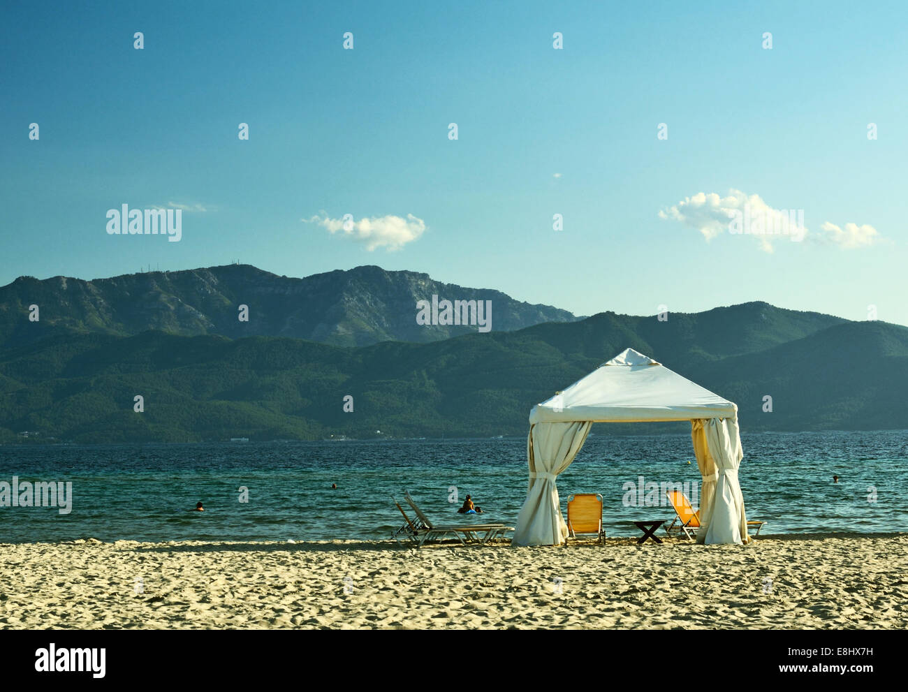 Tent on Keramoti Beach, Greece Stock Photo